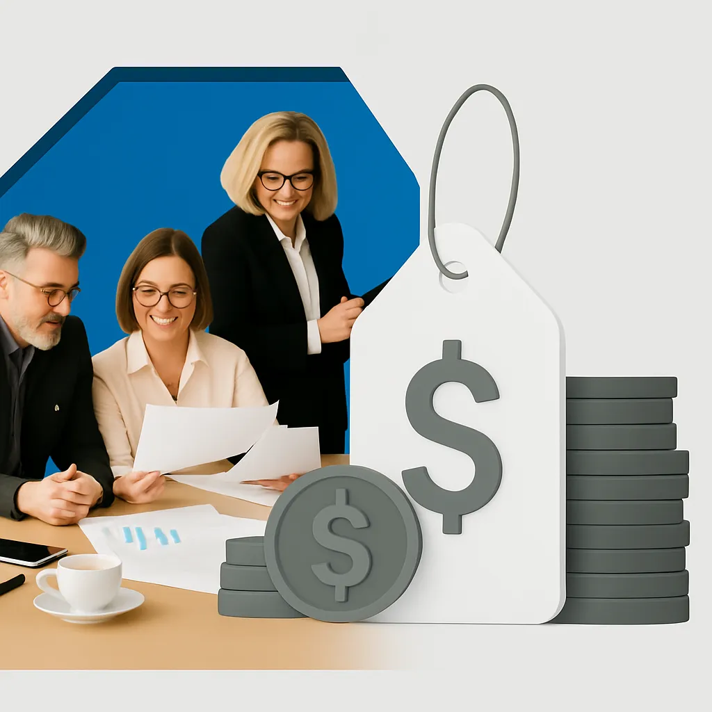 Professional business team collaborating on financial reports, symbolizing ProBlock Accounting's client-focused approach.